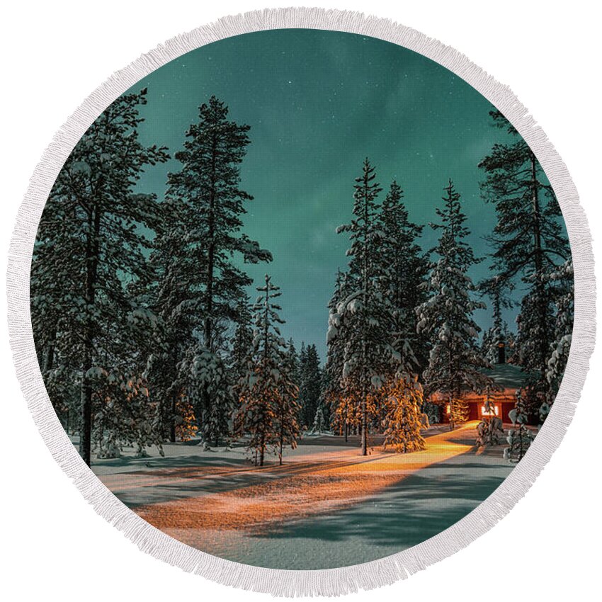 Finland Round Beach Towel featuring the photograph Cozy cold night by Thomas Kast