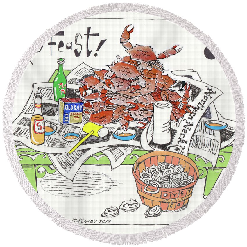  Round Beach Towel featuring the drawing Crab Feast by Phil Mckenney