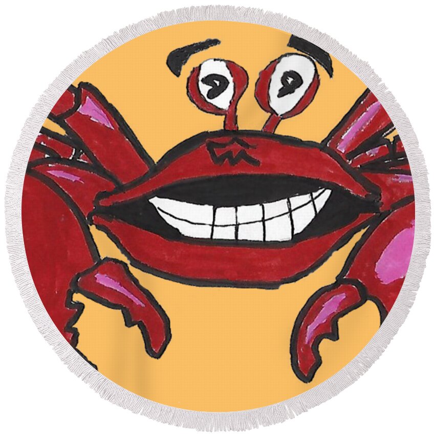 Crab Round Beach Towel featuring the drawing Crabby But Happy by Ali Baucom