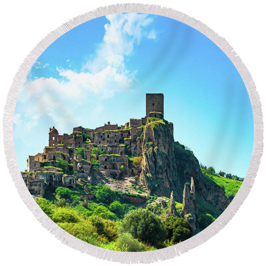 Craco Round Beach Towel featuring the photograph Craco ghost town, Basilicata by Stefano Orazzini