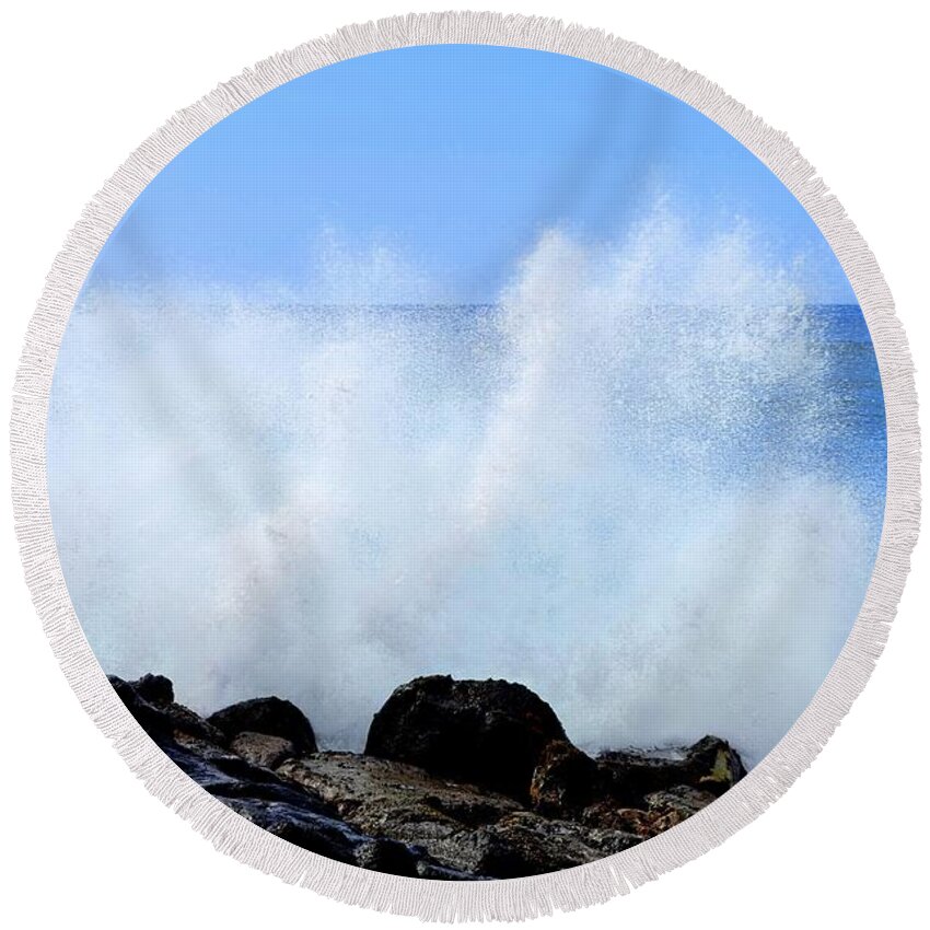 Magic Island Round Beach Towel featuring the photograph Crashing Waves at Magic Island Honolulu by Mary Deal