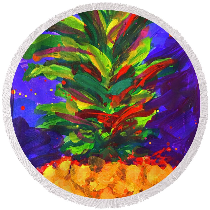 Colorful Pineapple Series Round Beach Towel featuring the painting Colorful Pineapple Modern Wall Art - Blue and Orange by Patricia Awapara