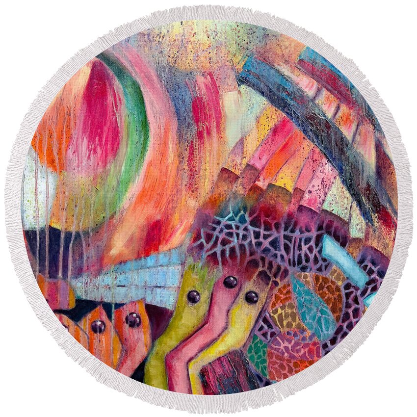 Creatures Of Sea Glass Reef Round Beach Towel featuring the painting Creatures Of Sea Glass Reef by Jason Williamson