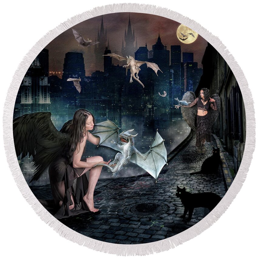 Creatures Round Beach Towel featuring the digital art Creatures of the Night by Diana Haronis