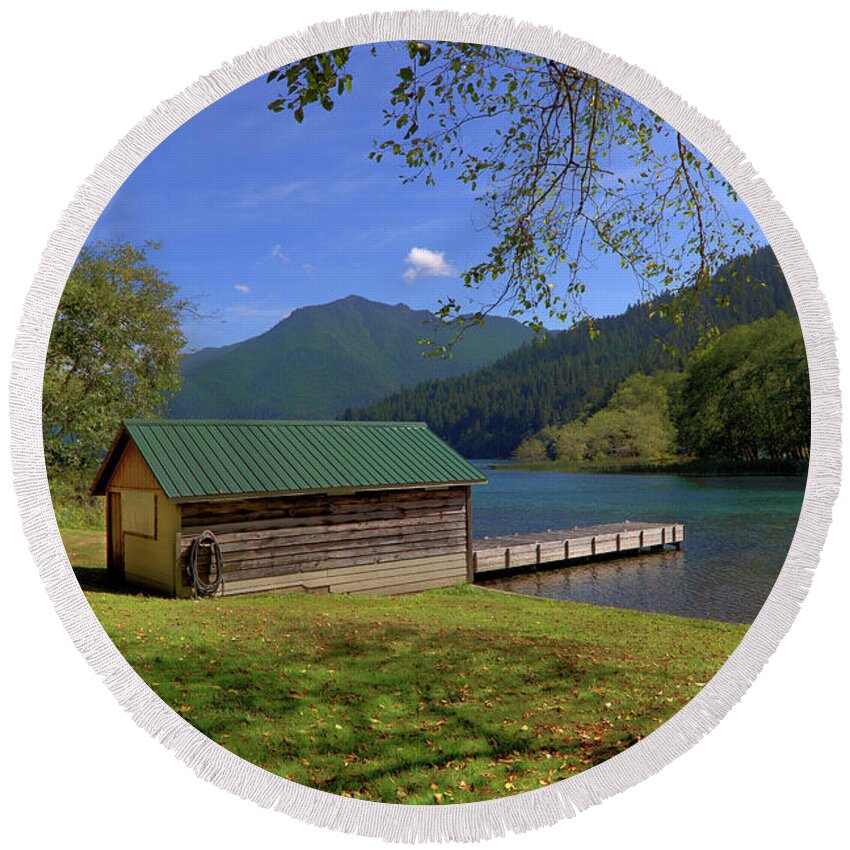 Lake Round Beach Towel featuring the photograph Crescent Boat House by Loyd Towe Photography