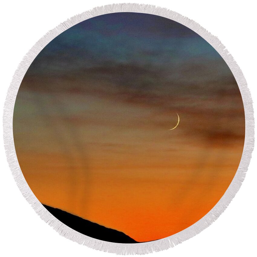 Moon Round Beach Towel featuring the photograph Crescent Moon at Sunset by Sarah Lilja