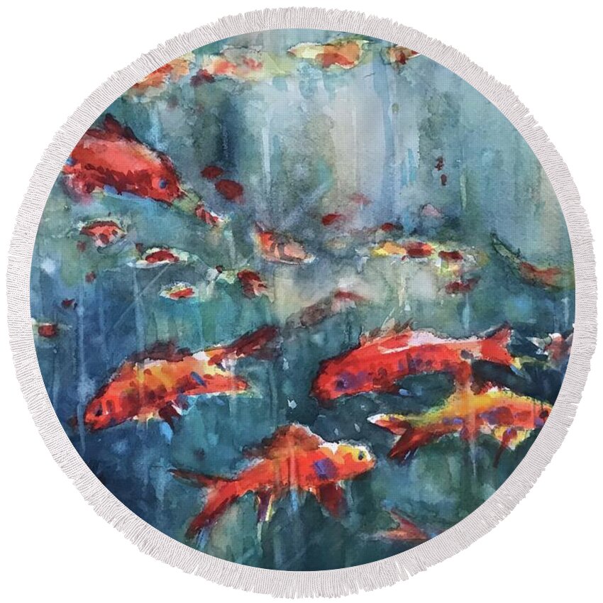 Goldfish Round Beach Towel featuring the painting Criss Crossing Gold by Judith Levins
