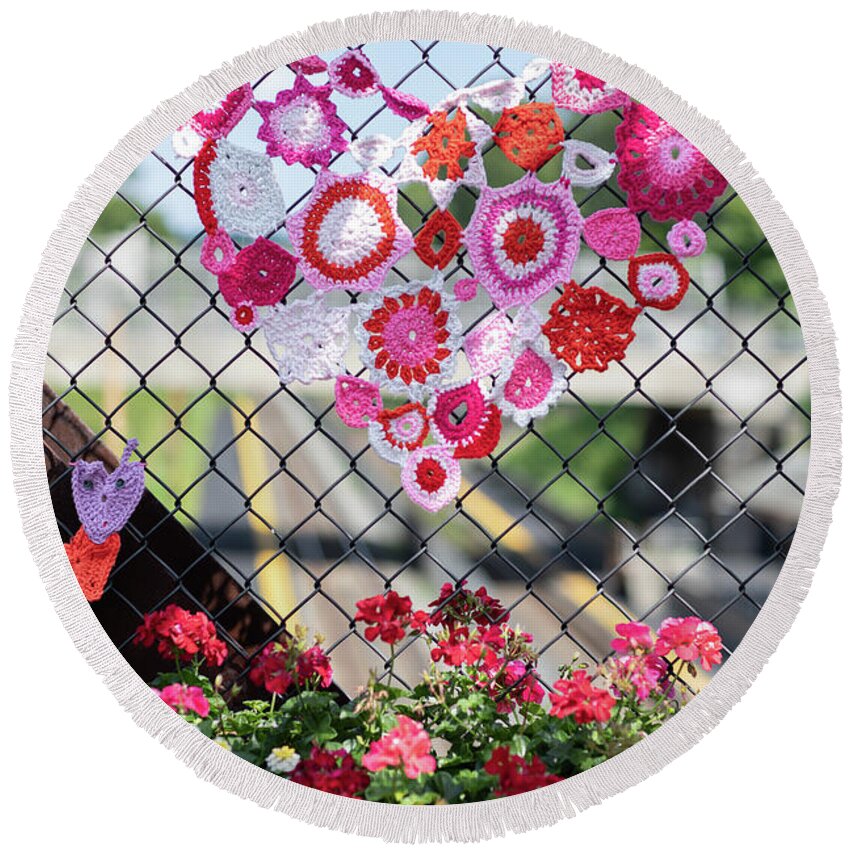 Heart Round Beach Towel featuring the photograph Crocheted Heart by Denise Kopko