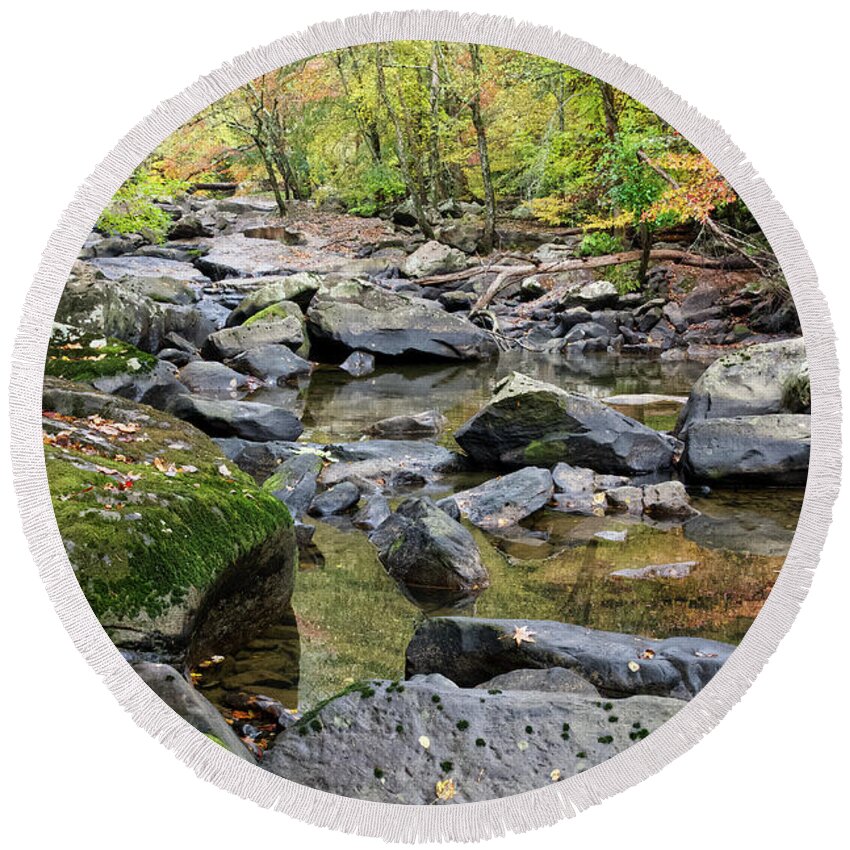 Waterfall Round Beach Towel featuring the photograph Crooked Fork Creek 5 by Phil Perkins