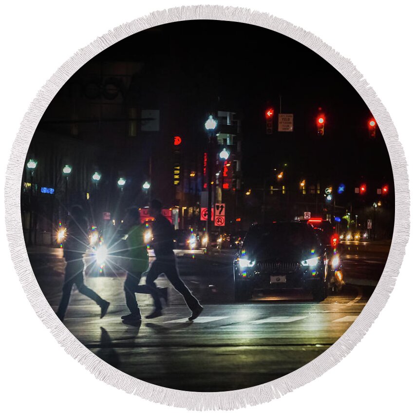 Night Photography Round Beach Towel featuring the photograph Crossing the street at night by Agnes Caruso