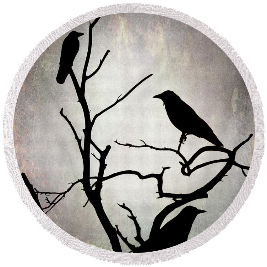 Bird Round Beach Towel featuring the digital art Crow Birds on Tree Bird 92 by Lucie Dumas