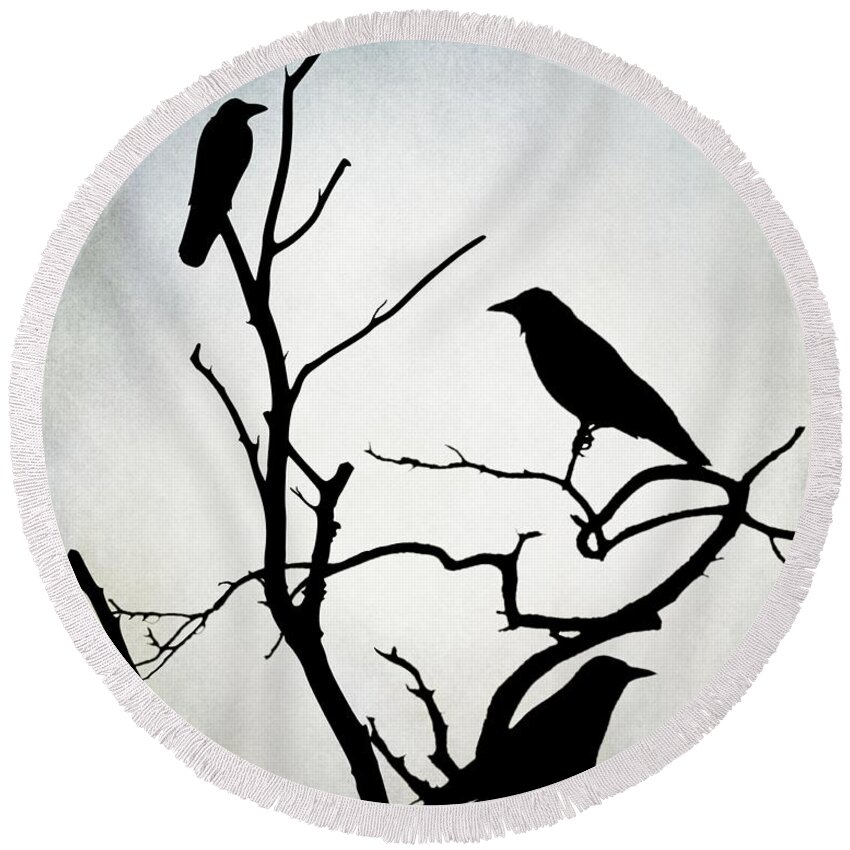 Bird Round Beach Towel featuring the digital art Crow Birds on Trees Bird 90 by Lucie Dumas