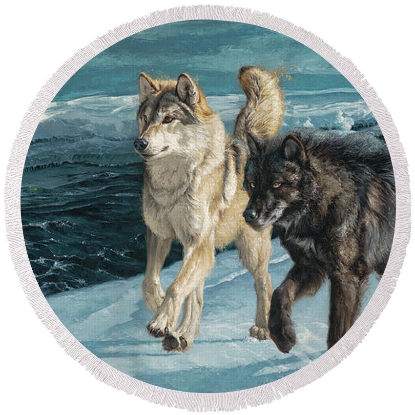 Wolf Round Beach Towel featuring the painting Cruising the River Ice by Greg Beecham