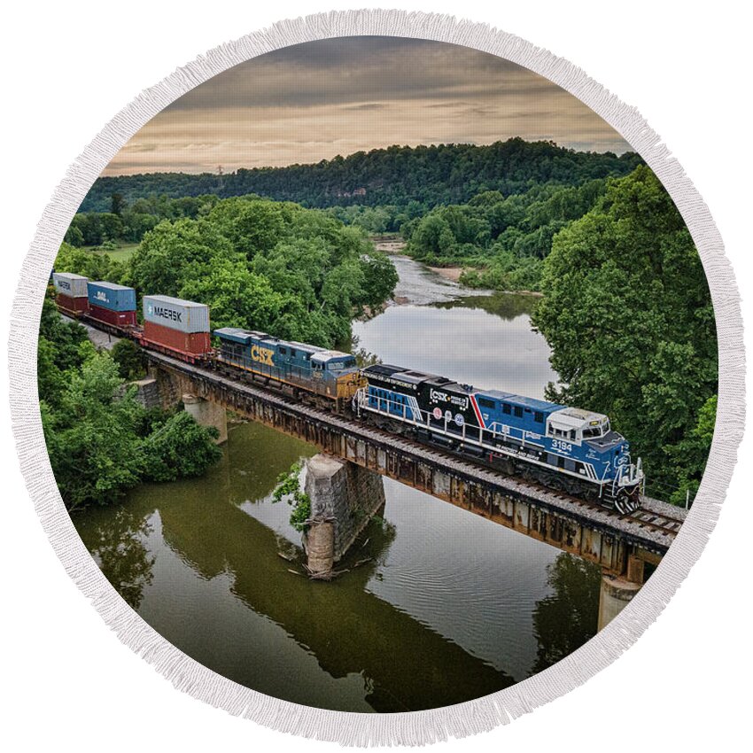 Railroad Round Beach Towel featuring the photograph CSXT 3195 Spirit of our Law Enforcement unit at Harpeth River at Pegram Tennessee by Jim Pearson