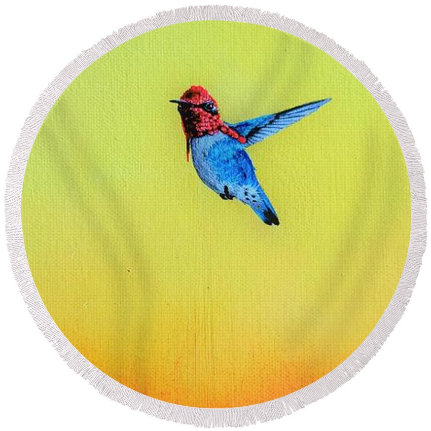 Birds Round Beach Towel featuring the painting Cuban Bumblebee Hummingbird by Dana Newman