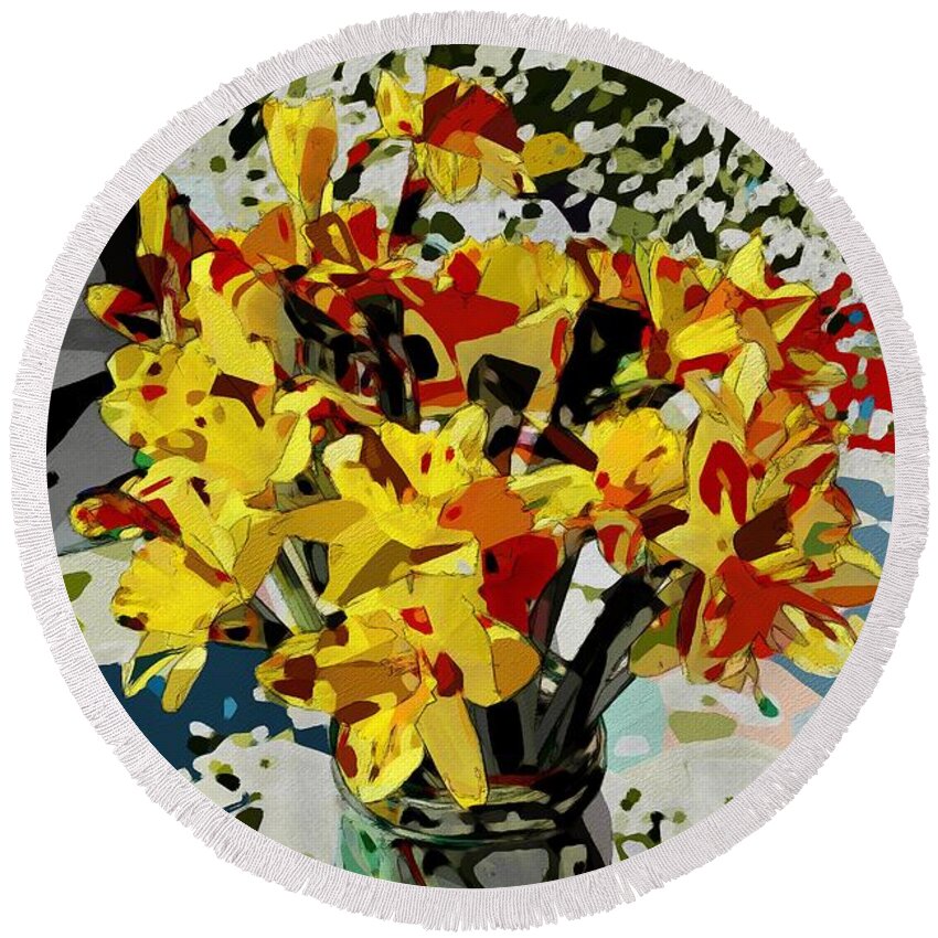 Daffodils Round Beach Towel featuring the photograph Cubistic Daffodils by Katherine Erickson