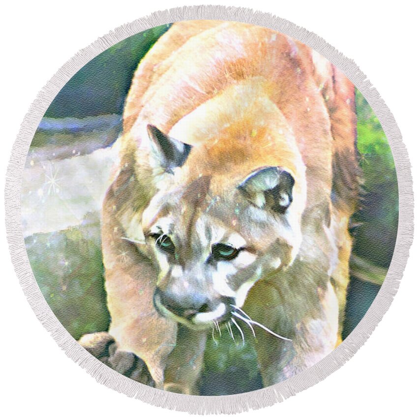 Cunning Round Beach Towel featuring the mixed media Cunning Cougar by Laurie's Intuitive
