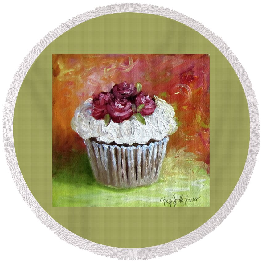 Cupcake Painting Round Beach Towel featuring the painting Cupcake With Roses by Cheri Wollenberg