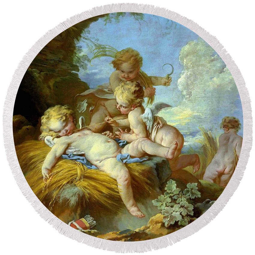 L'amour Moissonneur Round Beach Towel featuring the painting Cupid as a Reaper by Francois Boucher