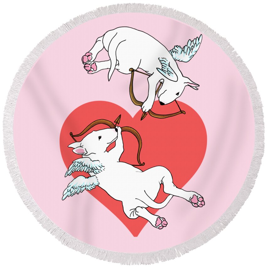 Cupid Round Beach Towel featuring the drawing Cupid Bull Terriers by Jindra Noewi