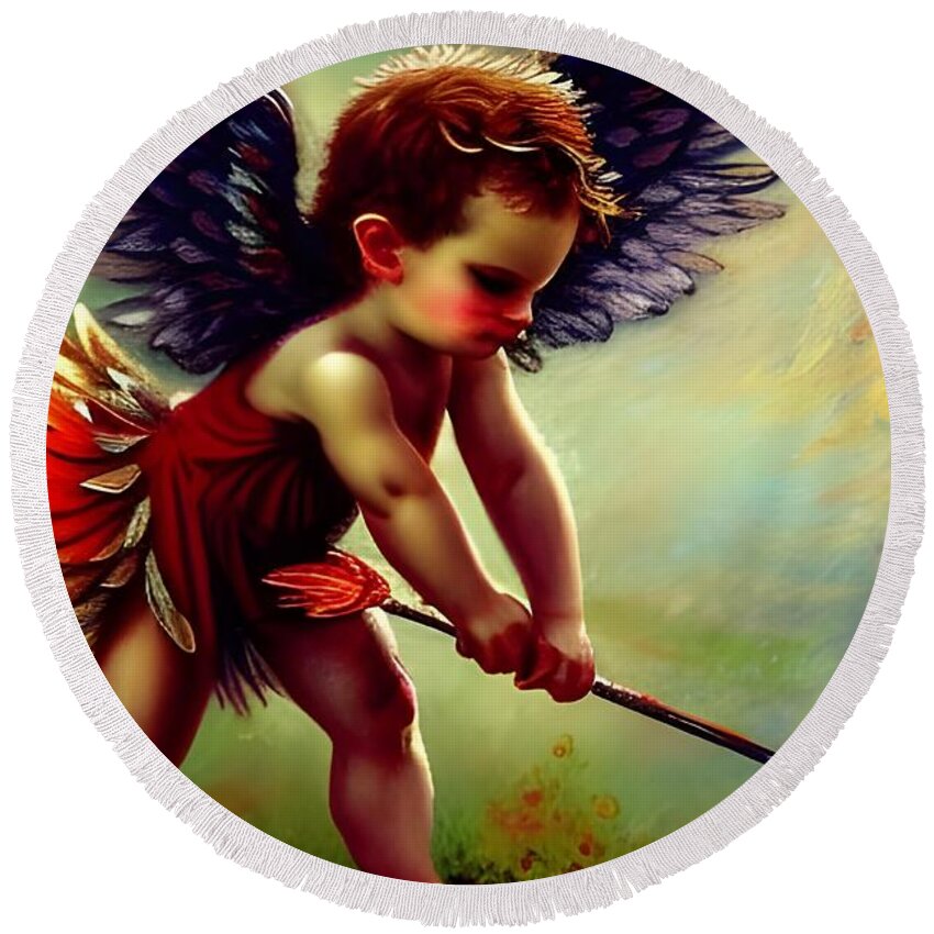 Digital Cupid Arrow Round Beach Towel featuring the digital art Cupid Playing With Arrow by Beverly Read