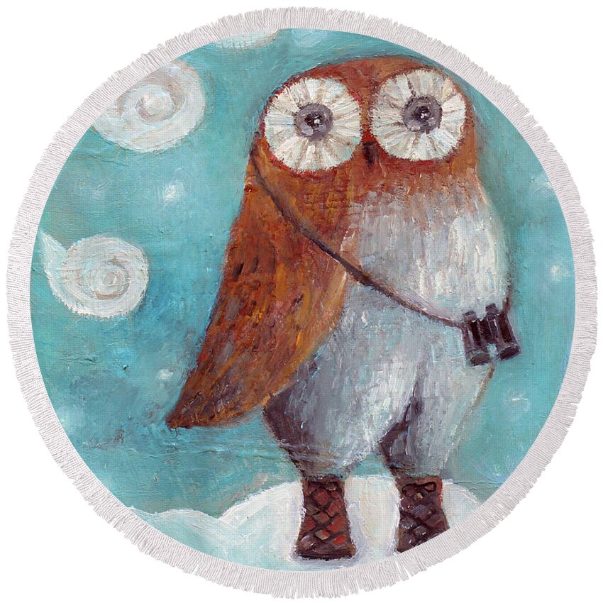 Curious Round Beach Towel featuring the painting Curious Hoot by Manami Lingerfelt