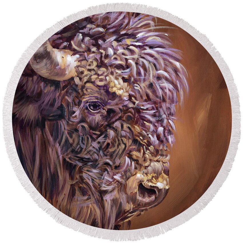 Buffalo Round Beach Towel featuring the painting Curly Sue - Buffalo Painting by Annie Troe