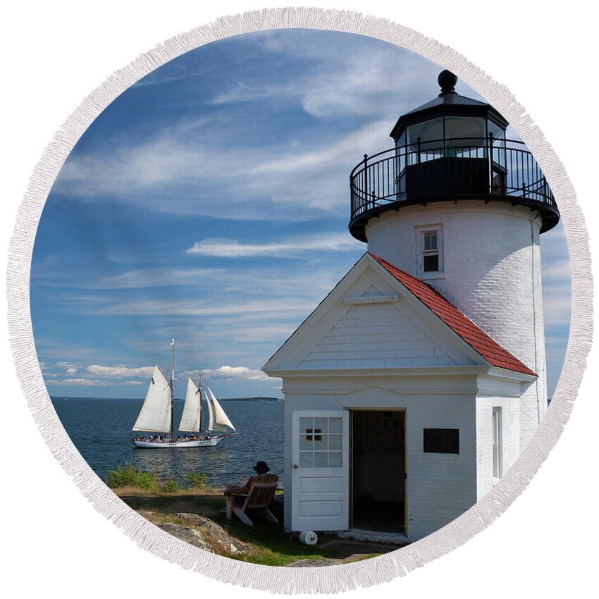 Atlantic Round Beach Towel featuring the photograph Curtis Island Light Station, Maine with Sailing Ship by Karen Lee Ensley