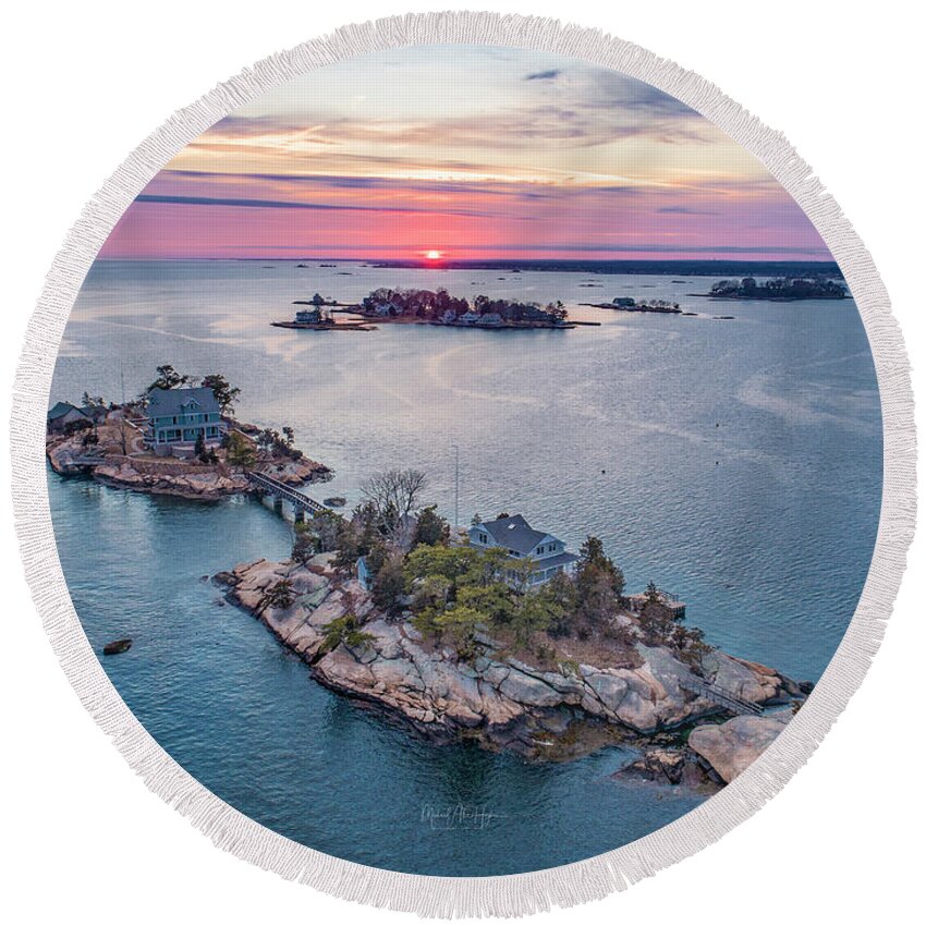Thimble Islands Round Beach Towel featuring the photograph Cut in Two Island by Veterans Aerial Media LLC