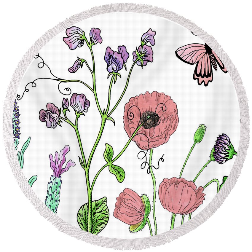 Wildflowers Round Beach Towel featuring the painting Cute Butterfly In Wildflower Garden With Clover Sweet Peas Lavender Pink Poppies Watercolor by Irina Sztukowski