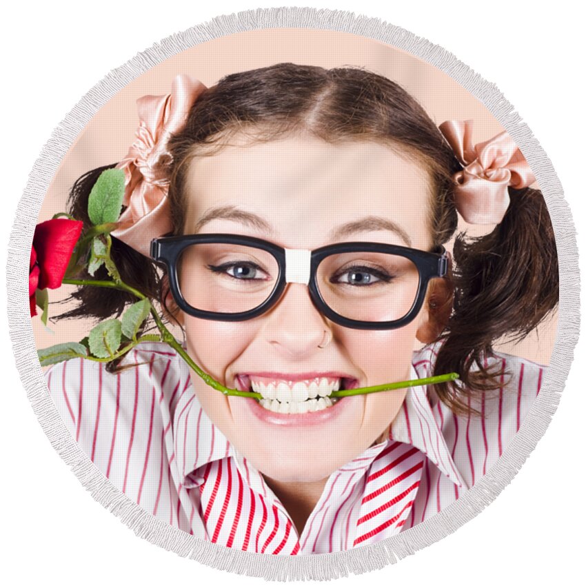 Funny Round Beach Towel featuring the photograph Cute Smiling Woman Wearing Nerd Glasses With Rose by Jorgo Photography