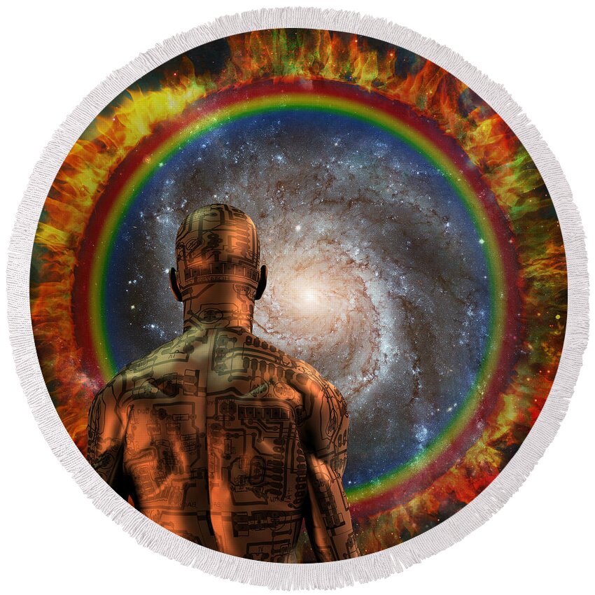 Cyborg Round Beach Towel featuring the digital art Cyborg before the space portal by Bruce Rolff