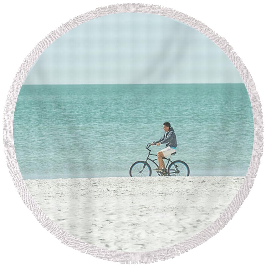 Beach Round Beach Towel featuring the photograph Cycling the Beach by CR Courson
