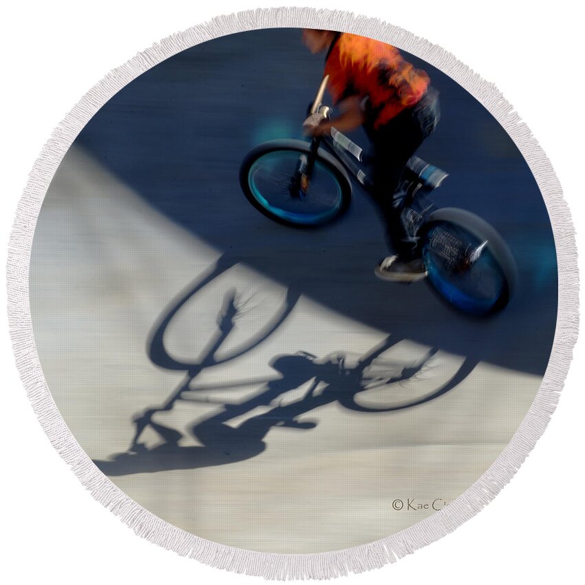 Bike Round Beach Towel featuring the photograph Cyclist and His Shadow by Kae Cheatham