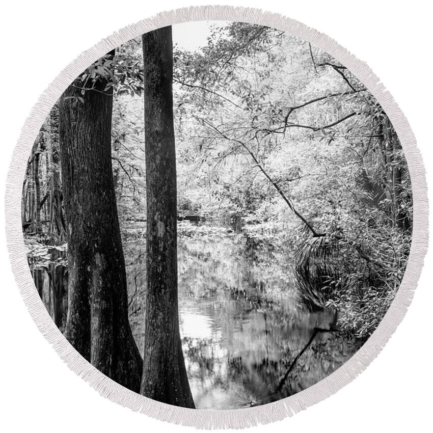 White Round Beach Towel featuring the photograph Cypress Marsh Reflections Highlands Hammock Black and White by Debra and Dave Vanderlaan