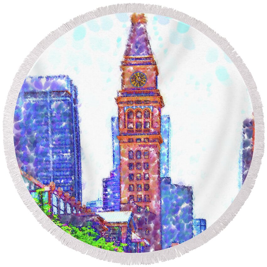Architecture Round Beach Towel featuring the digital art D F Tower In Pointillism On The Mall by Kirt Tisdale