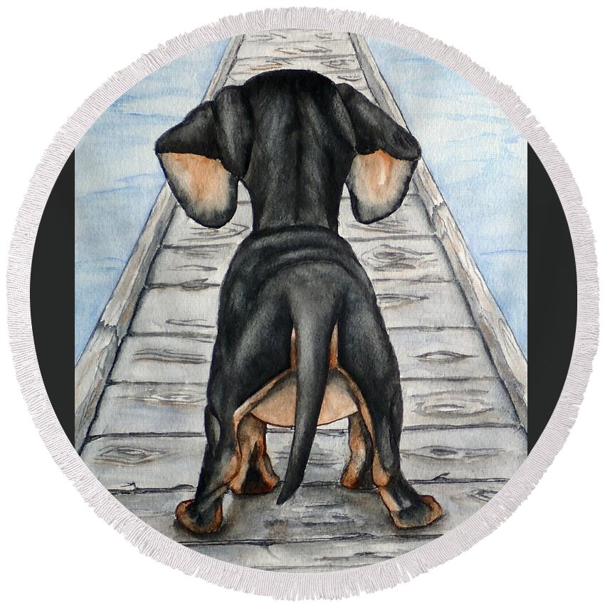 Dachshund Round Beach Towel featuring the painting Dachshund... Down on the Boardwalk by Kelly Mills