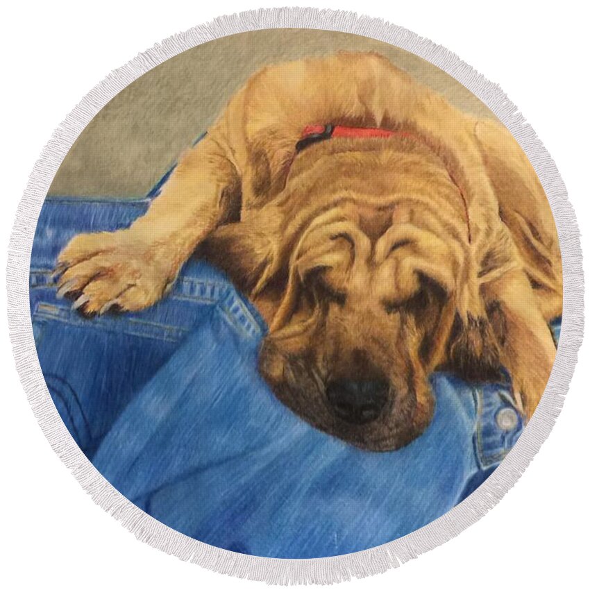 Hound Dog Round Beach Towel featuring the painting Daddys Jeans by Forrest Fortier