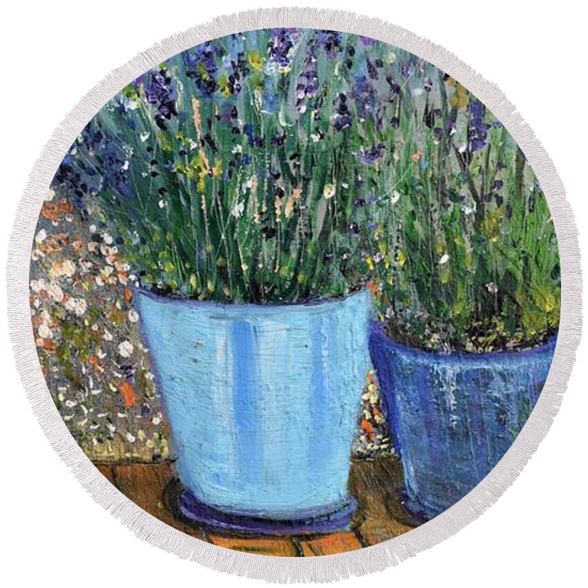 Lavender Round Beach Towel featuring the painting Daily Calm by Evelina Popilian
