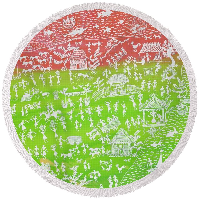 Red Round Beach Towel featuring the painting Life is Beautiful by Bnte Creations