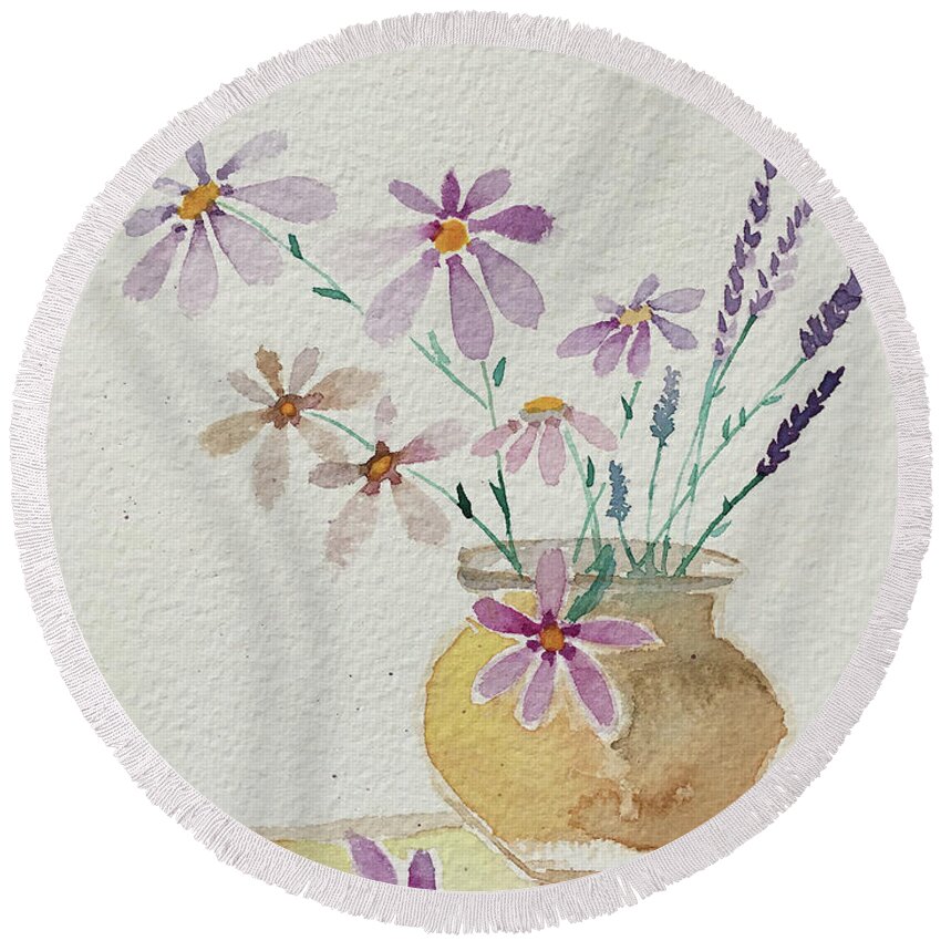 Daisies Round Beach Towel featuring the painting Daisies and Lavender by Roxy Rich