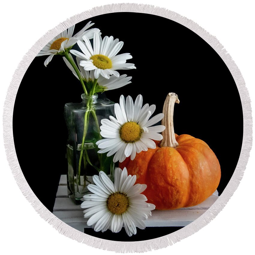 Flowers Round Beach Towel featuring the photograph Daisies and Pumpkin by Cathy Kovarik