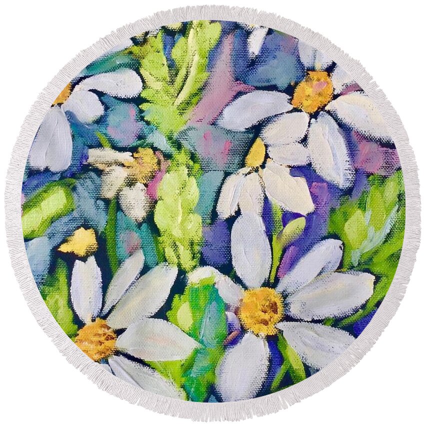 Daisies Sunny Day Field Of Flowers Garden Round Beach Towel featuring the painting Daisies Galore by Patsy Walton