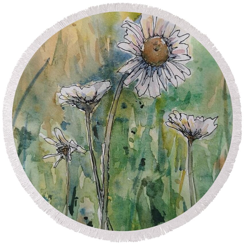 Floral Round Beach Towel featuring the painting Daisies by Sheila Romard