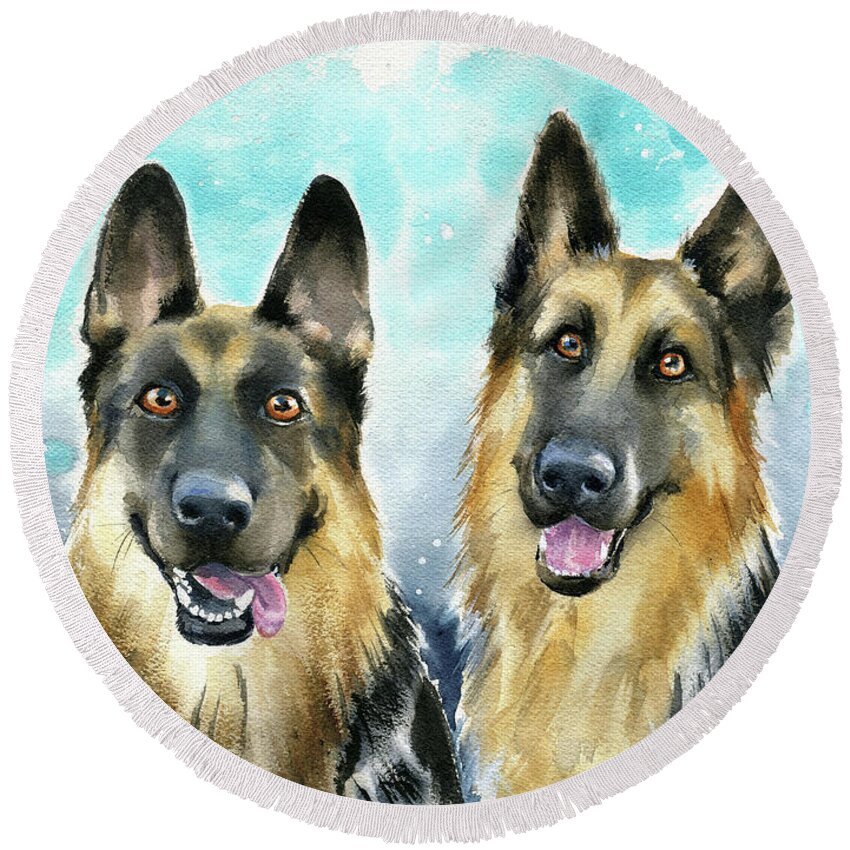 German Shepherds Round Beach Towel featuring the painting Daisy and Max German Shepherd Dog Painting by Dora Hathazi Mendes