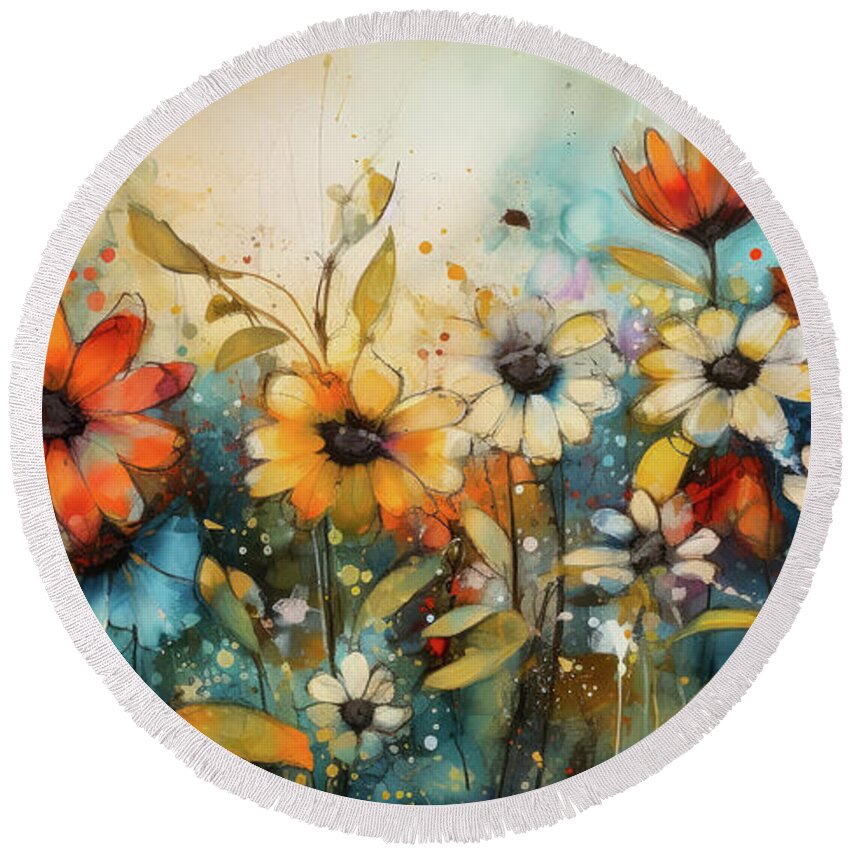 Daisy Flowers Round Beach Towel featuring the painting Daisy Flower Garden by Tina LeCour