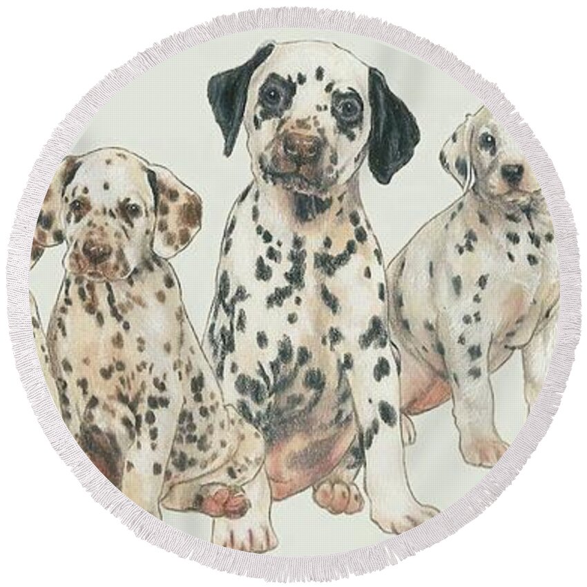Non-sporting Group Round Beach Towel featuring the mixed media Dalmatian Puppies by Barbara Keith