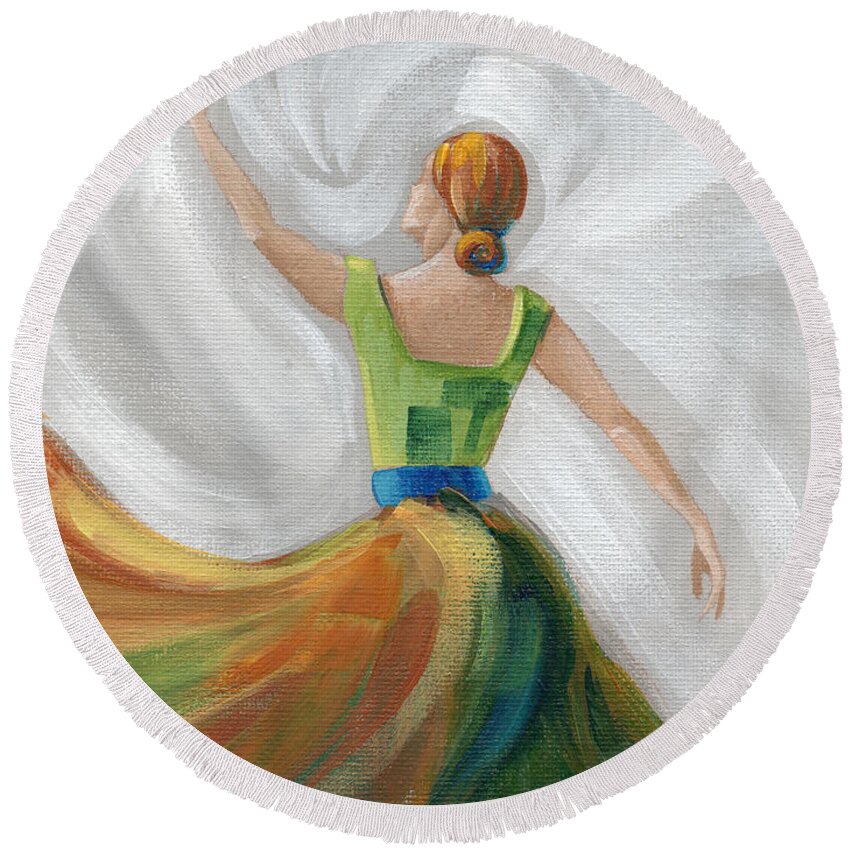 Dancer Round Beach Towel featuring the painting Dancer - Rust, Greens Blues by Annie Troe