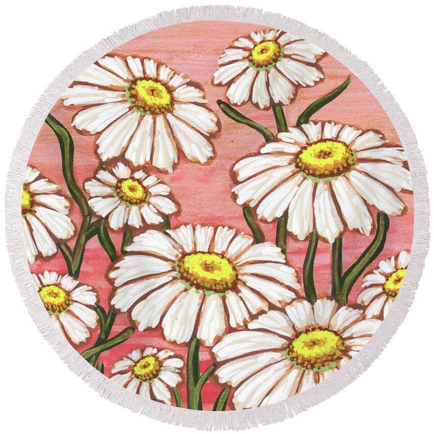 Daisy Round Beach Towel featuring the painting Dancing Daisy Daydreams in Pink Parfait Skies by Amy E Fraser