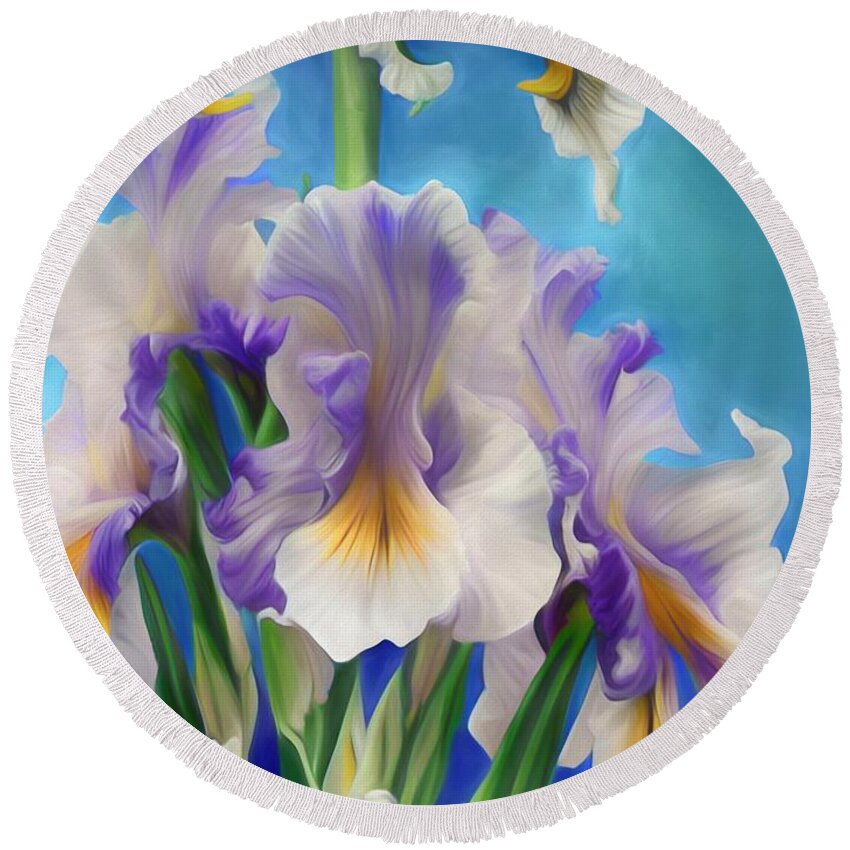 Floral Round Beach Towel featuring the mixed media Dancing in the Blue Sky by Lynda Lehmann